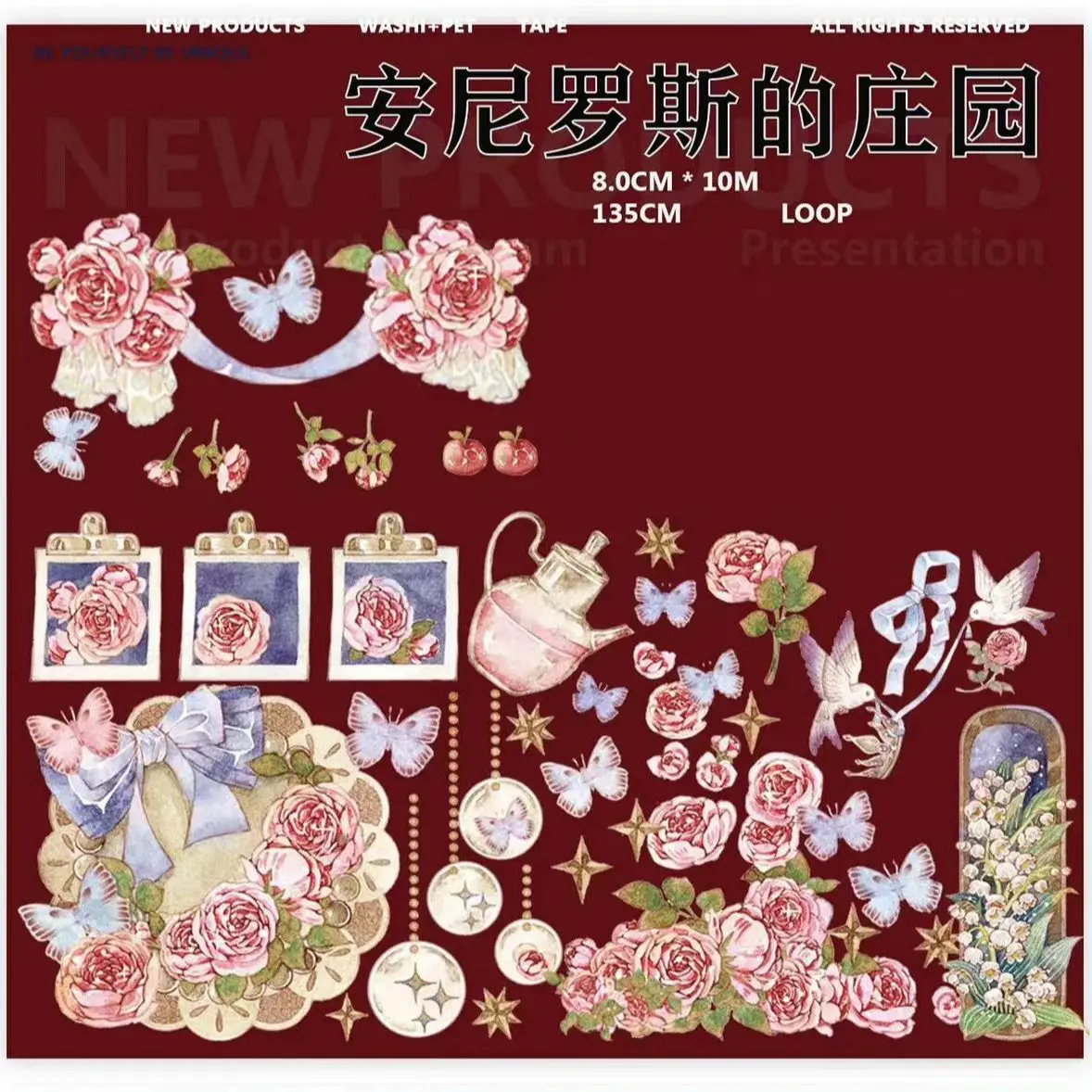 

Vintage Rose Floral Manor House Washi PET Tape for Card Making DIY Scrapbooking Plan Decorative Sticker