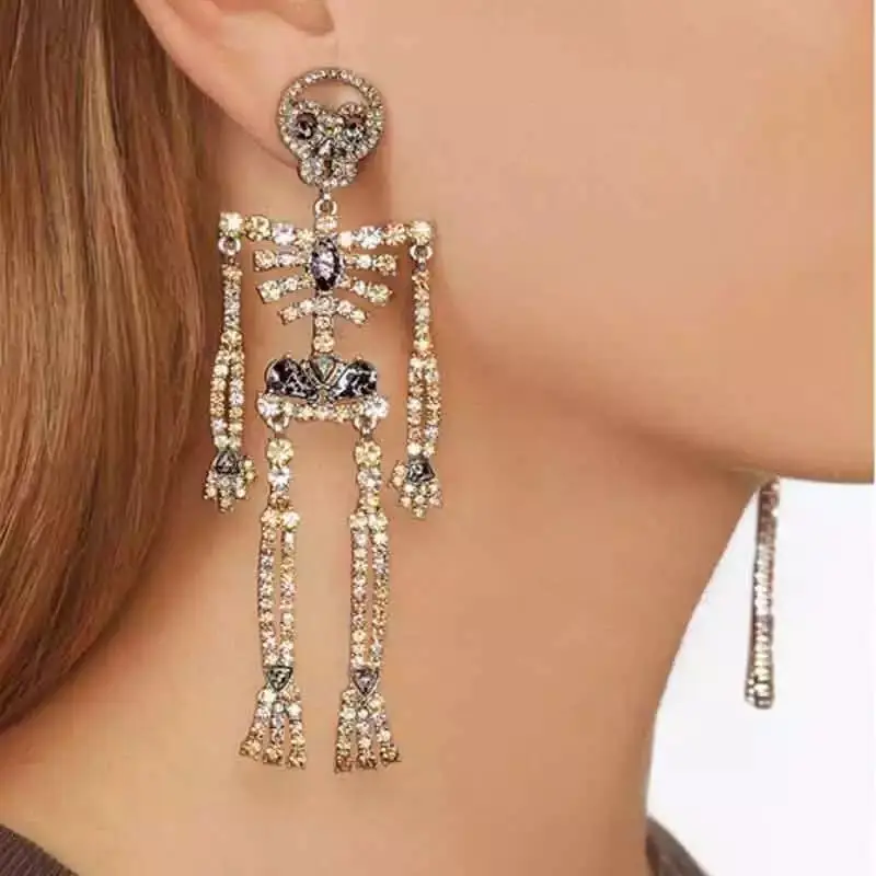

Punk Style Skull Skeleton Pendant Earrings Artificial Rhinestone Inlaid Long Earrings Funny Earring Jewelry Gift