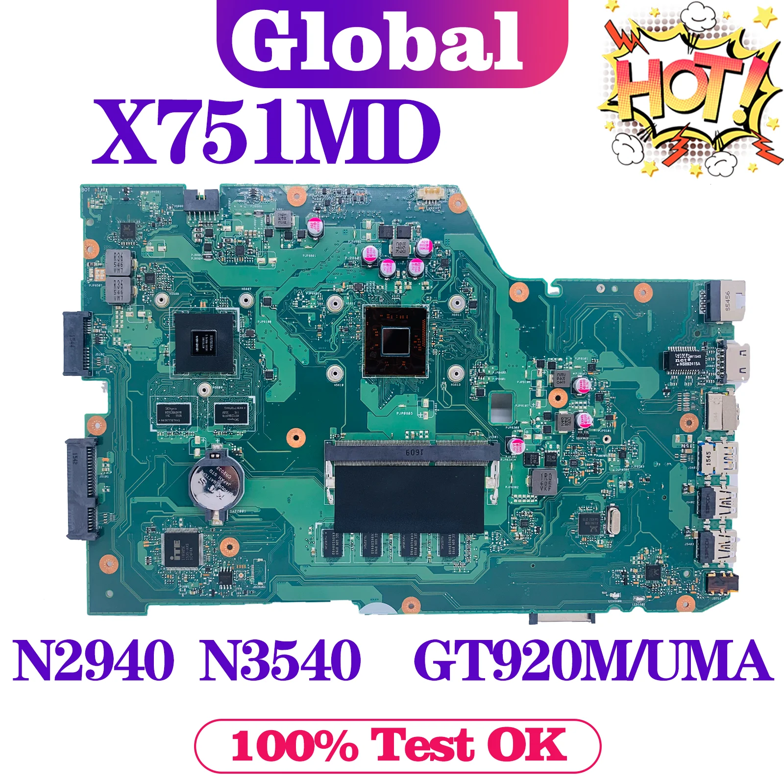 

KEFU X751MD Laptop Motherboard For ASUS K751M K751MA X751MJ R752MA X751MA Mainboard With N2840 N2930/N3540 4G-RAM GT920M/UMA