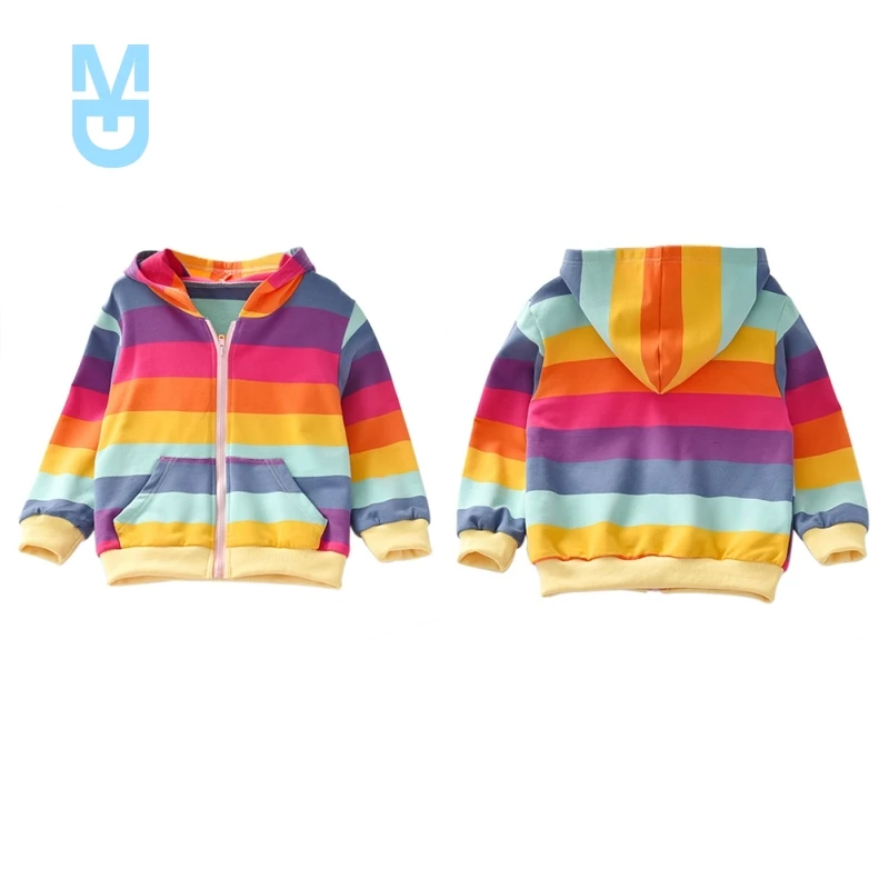 

New Autumn Spring Baby Girl Outerwear Rainbow Striped Casual Hoodie Zipper Sweatshirt Kids Coat Outfits Chidren Tops Korean