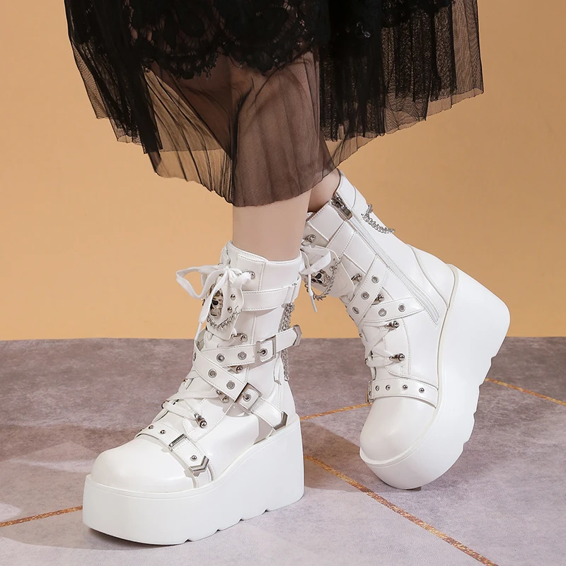 

Shoes Female 2023 New Basic Women's Boots Platform Ankle Boots Women Belt Buckle Chain Lace-up Round Toe Zip Wedges Shoes Women