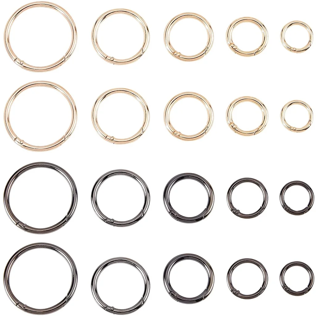 

20pcs 5 Sizes Alloy Round Spring Spring Gate Rings Carabiner Push Jump Snap Keychain Clasp for Handbag Purse Shoulder Strap
