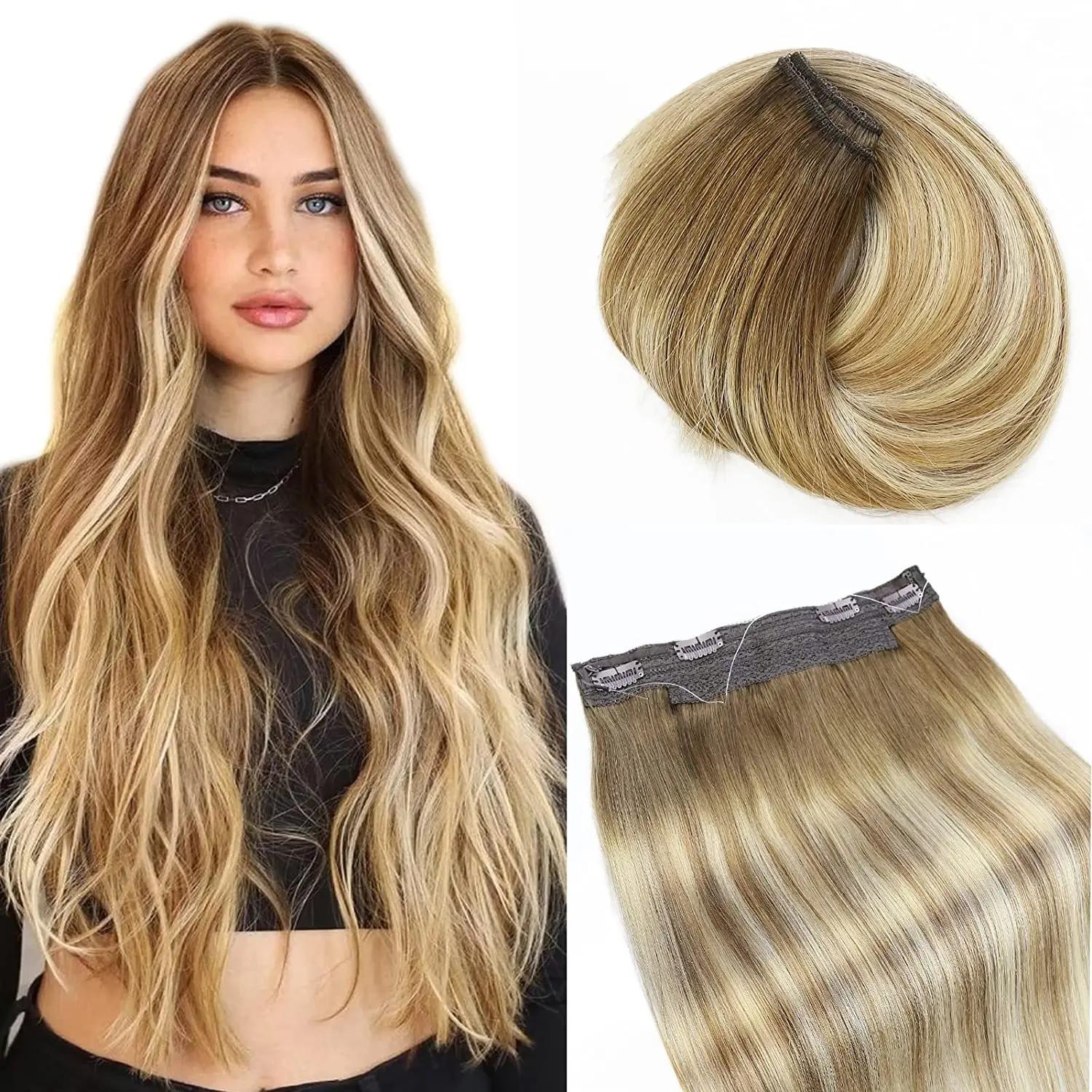 YSG Hair Human Hair Extensions One Piece Remy Hair Clip-in Weft Fishing Wire Hairpiece Invisible Brown Bleach Blonde Balayage