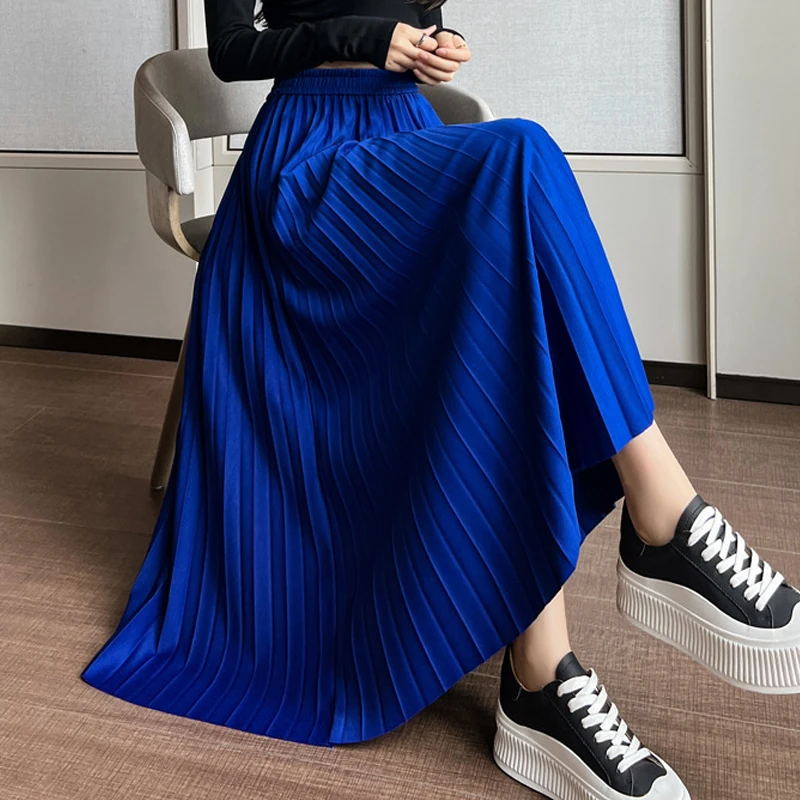 

Long Pleated Skirt for Women 2022 New Summer Korean Elegant Fashion High Waist Slim Midi Skirt Woman A Line Skirts Blue Green