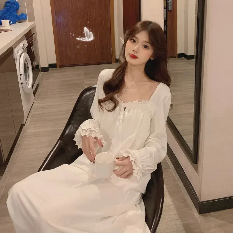 

Leisure Sleepshirts Home Solid Nighty Soft Solid Sweet Women Chic Wear Sleepwear Princess Nightgowns Lovely White Style Lace