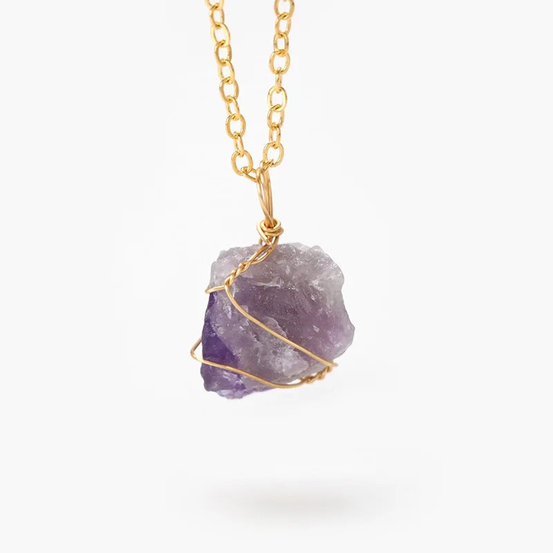 

Natrual Raw Stone Necklace For Women Men Golden Color Chain Wire Wrap Irregular Real Quartzs Pendant Necklece Reiki Jewelry Gift