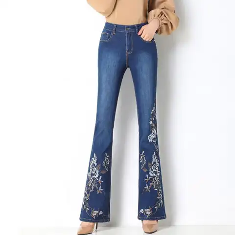 Elegant Embroidered Flare Jeans Woman High Waist Denim Pants Long Straight Trousers Womens Casual Ladies Streetwear Mom Jeans