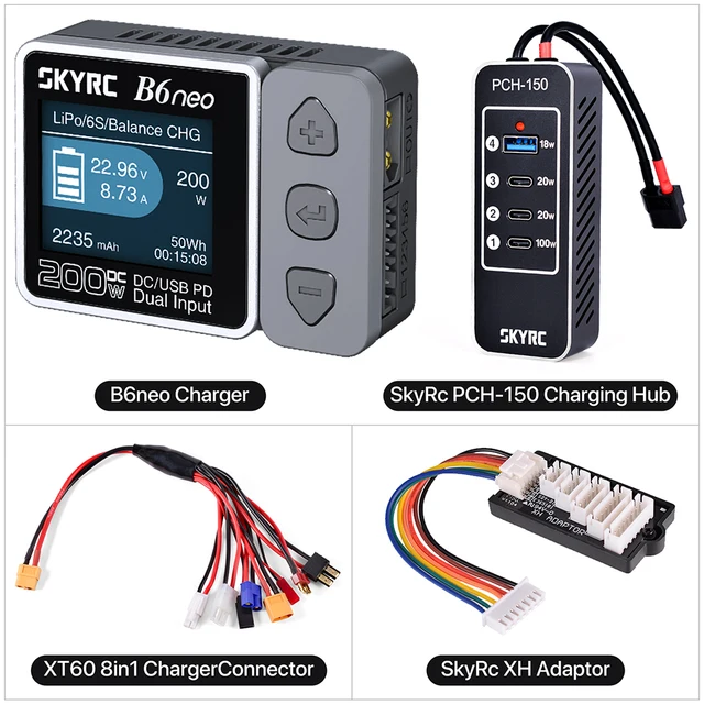 SkyRC B6neo gray + PCH150 Charging Hub + XT60 8in1 wire connector + XH adaptor