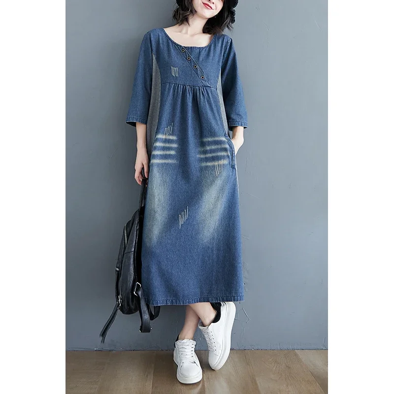 Женское джинсовое платье свободное винтажное составного кроя до колен с рукавом