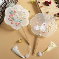 ancient style embroidery fan palace fan classical fan with handle round embroidered hanfu dance fan wedding party decoration