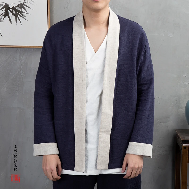 

Men's Contrast Color Fashion Jacket Casual Cotton Linen Slit Coat Oversized Cardigan Top Jacket Japanese Street Style