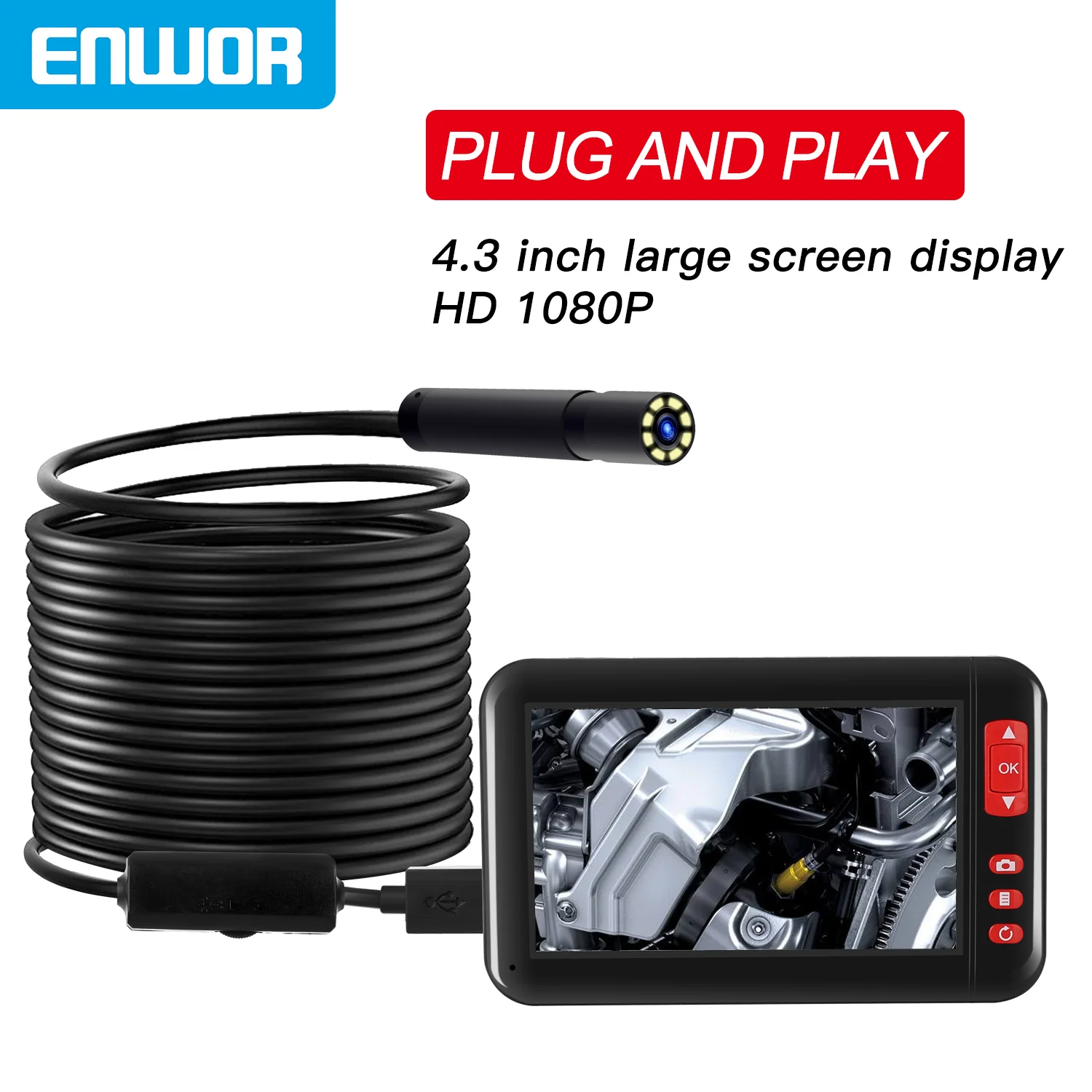 

ENWOR 8mm Industrial Endoscope Camera 4.3" 1080P HD Screen IP67 Waterproof Lens Inspection Borescope for Car Engine Sewer