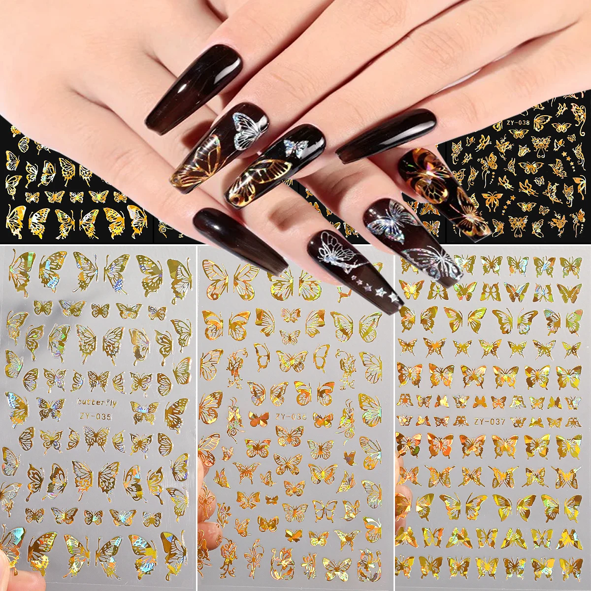 

4pcs/Set 3D Laser Butterfly Nail Art Sticker Bronzing Butterfly Gold Silver Nail Decals Hollow Hot Stamping Nail Art Decoration