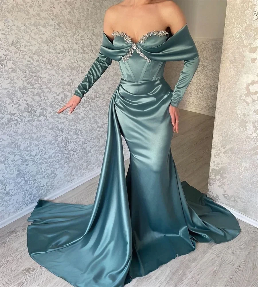 

Flora Dress Off Shoulder Long Sleeves Satin With Beading Mermaid Prom Dresses Vestifos De Noche Sweetheart Largos Evening Gowns