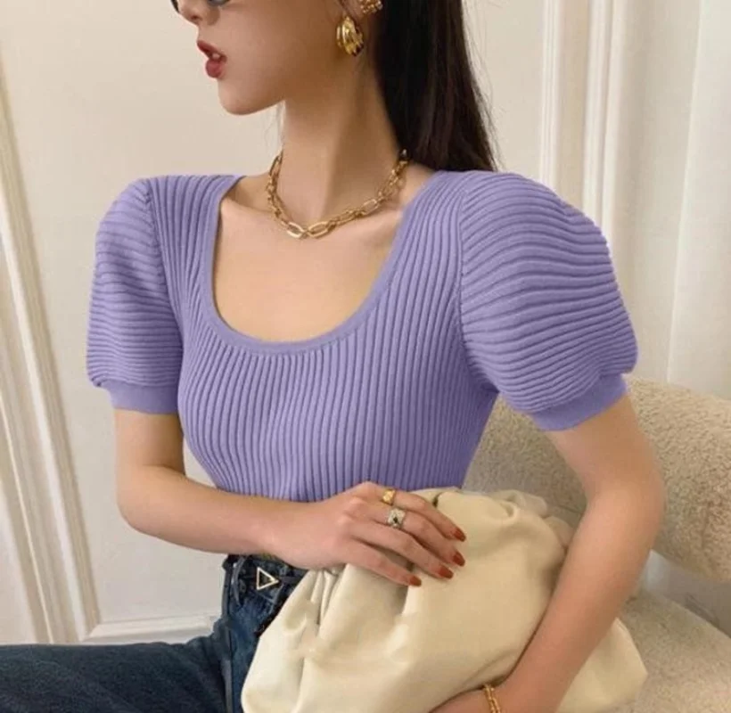 

Women Soft Rib Knit Tees Summer Knitting Square Collar Short Sleeve Slim Fit Basic T shirts Retro Basic Cute Tops Korean Clothes