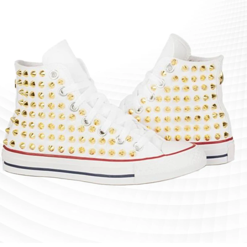 

White high-top canvas shoes golden rivet shoes comfortable walking street shooting hip-hop handmade rivet vulcanized shoes 35-46