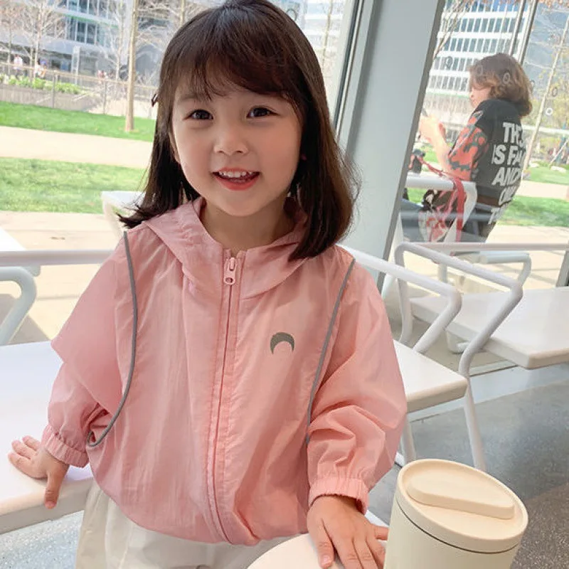 Summer Casual Lightweight Kids Sun Outfit Tops Baby Girls Loose Drawstring Hooded Zip Moon Coats Children Jackets 1-10 Years