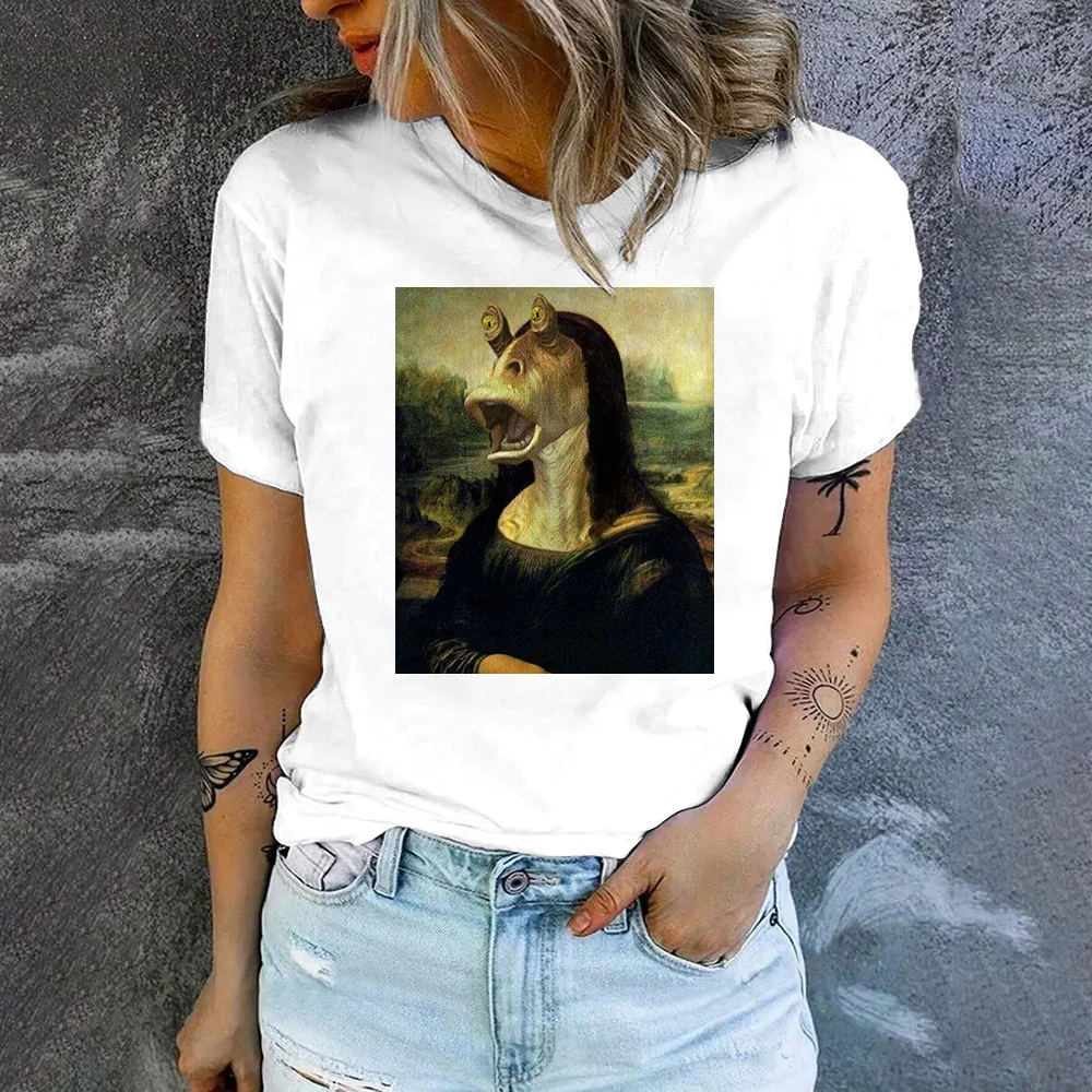 Модная летняя женская футболка с рисунком Моны Лизы вязаный трикотажный топ
