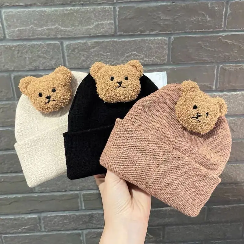 

Новинка 2023, шапка с мультипликационным медведем в Корейском стиле для маленьких мальчиков и девочек, зимняя теплая шапка с милыми животными для малышей, Детские шапочки, шапочка