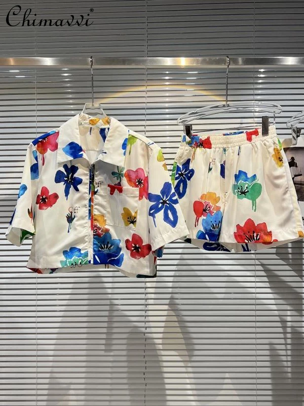 

Fashion Two-Piece Suit 2022 Summer New Hand-Painted Flowers Print Short-Sleeved Shirt Elastic Waist Shorts Elegant Outfit Women