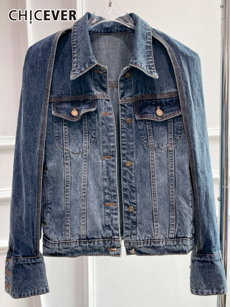 

CHICEVER Vintage Denim Jacket For Women Lapel Long Sleeve Solid Patchwork Fake Two Jackets Female Fashion Spring Clothing 2022