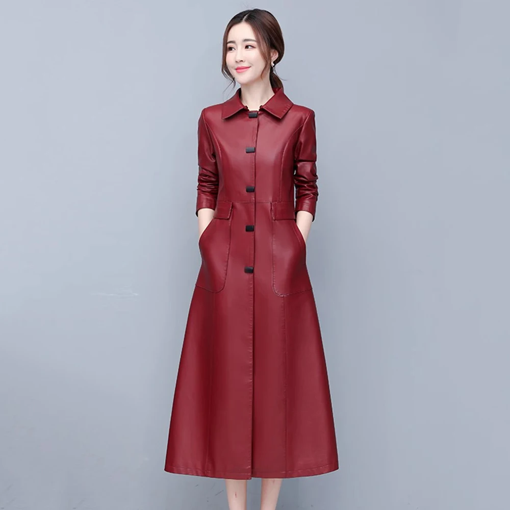 

New Women Long Leather Coat Autumn Winter Fashion Classic Single Breasted Casual Trench Coat Split Leather Slim Overcoat