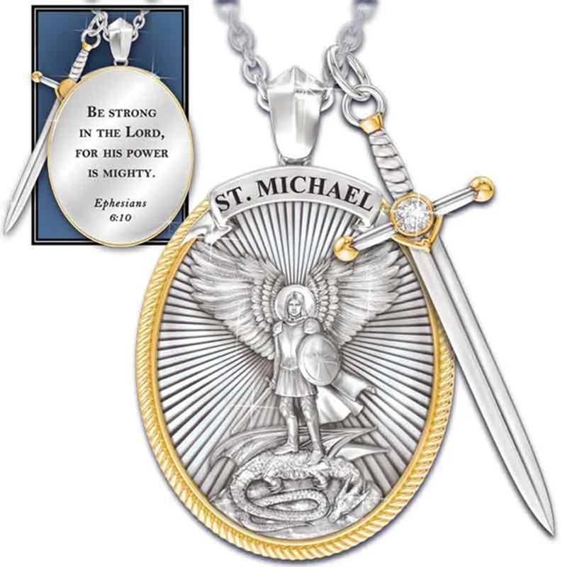 

New Fashion Vintage Oval Shield Catholic Patron Saint Pendant Michael St. Michael The Archangel Pendant Chain Necklace Jewerly