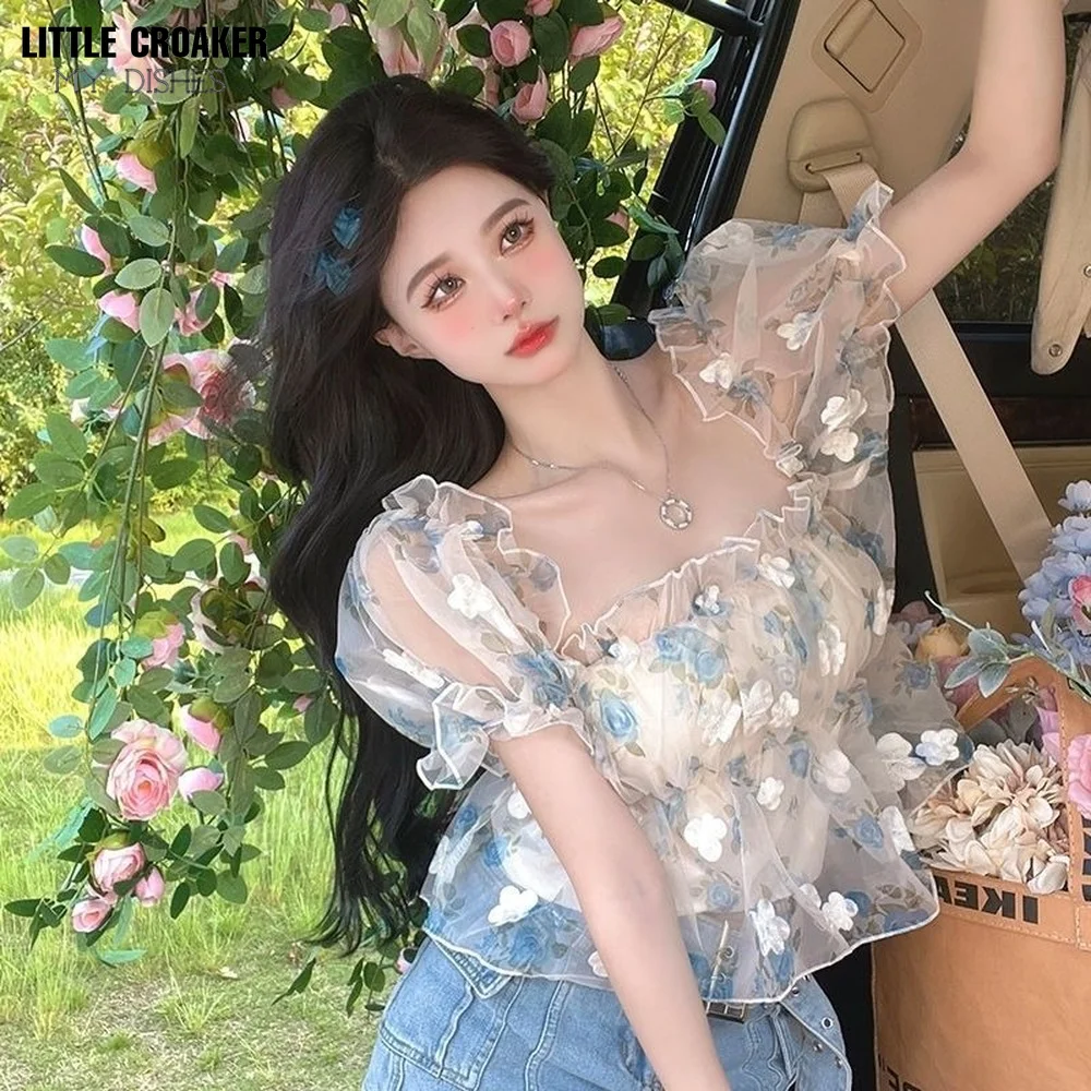 

Korean Vintage Square Collar White Shirt Women Short Sleeve Hollow Out Elegant Blouse Women Clothes Gauze Loose Tops Blusas