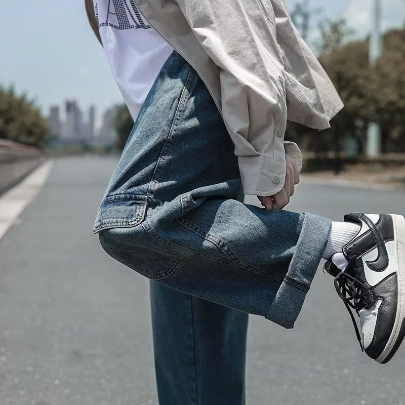 Blue Baggy Jeans Men Fashion Retro Pocket Cargo Jeans Men Japanese Streetwear Hip Hop Loose Straight Denim Pants Mens Trousers