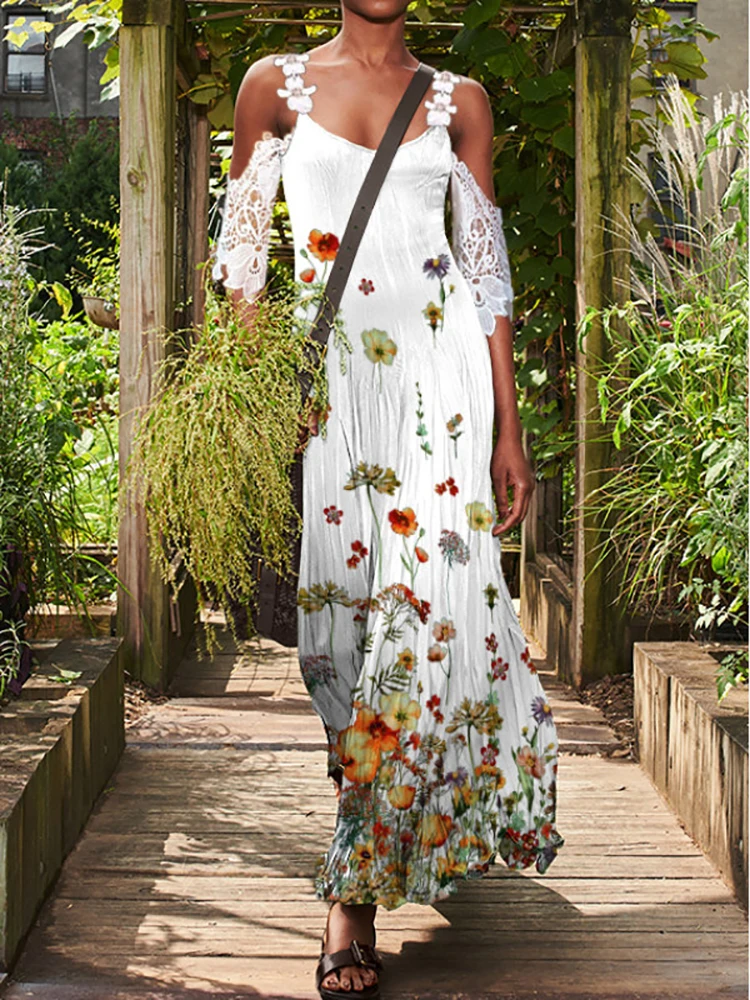 

Women Summer Retro Printed Long Draped Dress Sexy Lace Patchwork V-Neck Hollow Out Party Maxi Dresses Casual Female Boho Dress