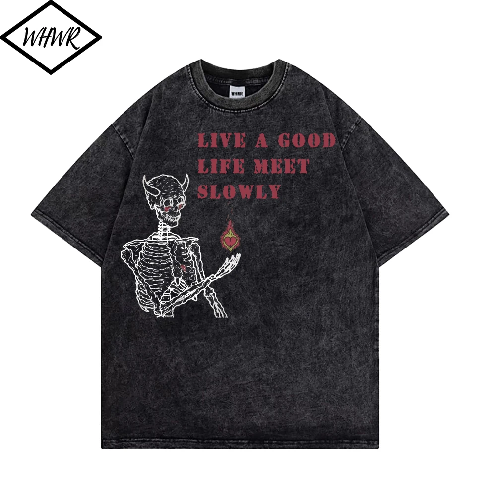 

WHWR Gothic Retro Wash T Shirt Skull Graphic Printed Letter Printing Men T-shirts Hip Hop Streetwear Summer Casual Tees for Men