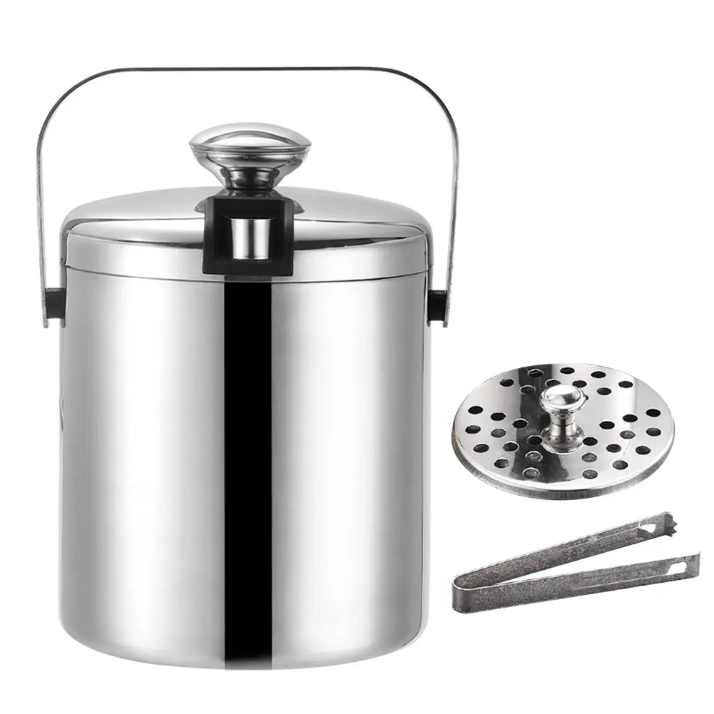 

Ice Bucket Insulated Stainless Steel Double Walled Ice Bucket 1.3L With Tong Lid And Strainer Whiskey Chilling Beer Wine