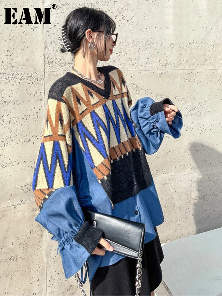

[EAM] Pattern Big Size Knitting Sweater Loose Fit V-Neck Long Sleeve Women Pullovers New Fashion Tide Autumn Winter 2023 1DF1537