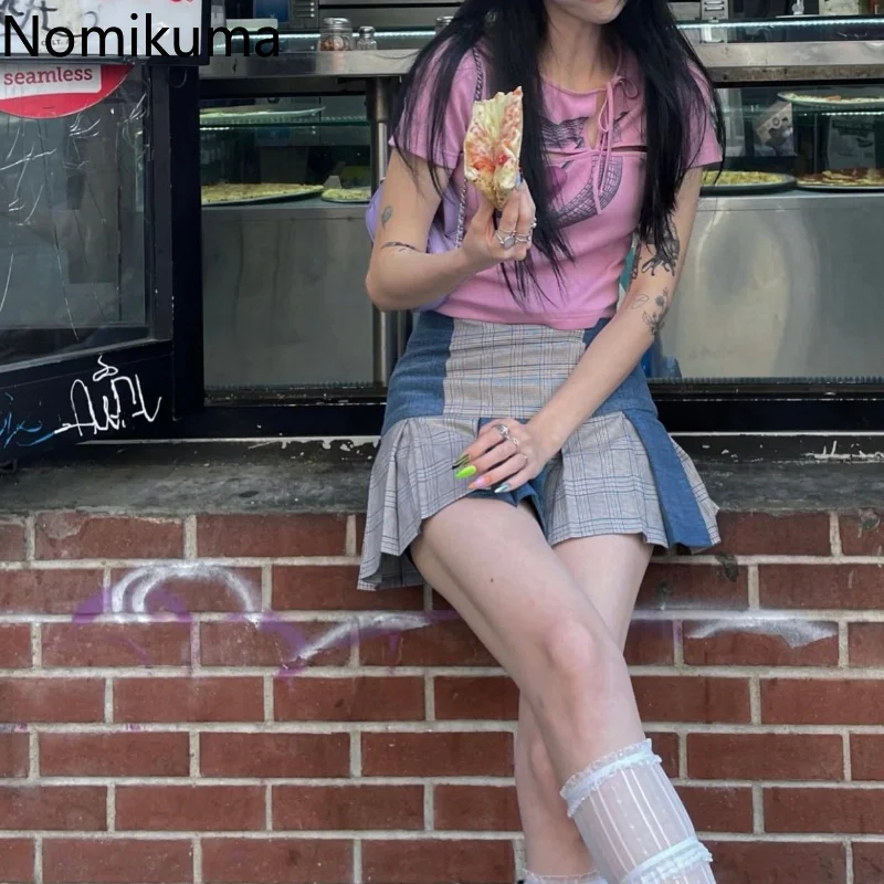 

Nomikuma Y2k Tops Summer Heart Print Hollow Out Drawstring High Waist T Shirt for Women Sexy Street Harajuku Womens Clothing
