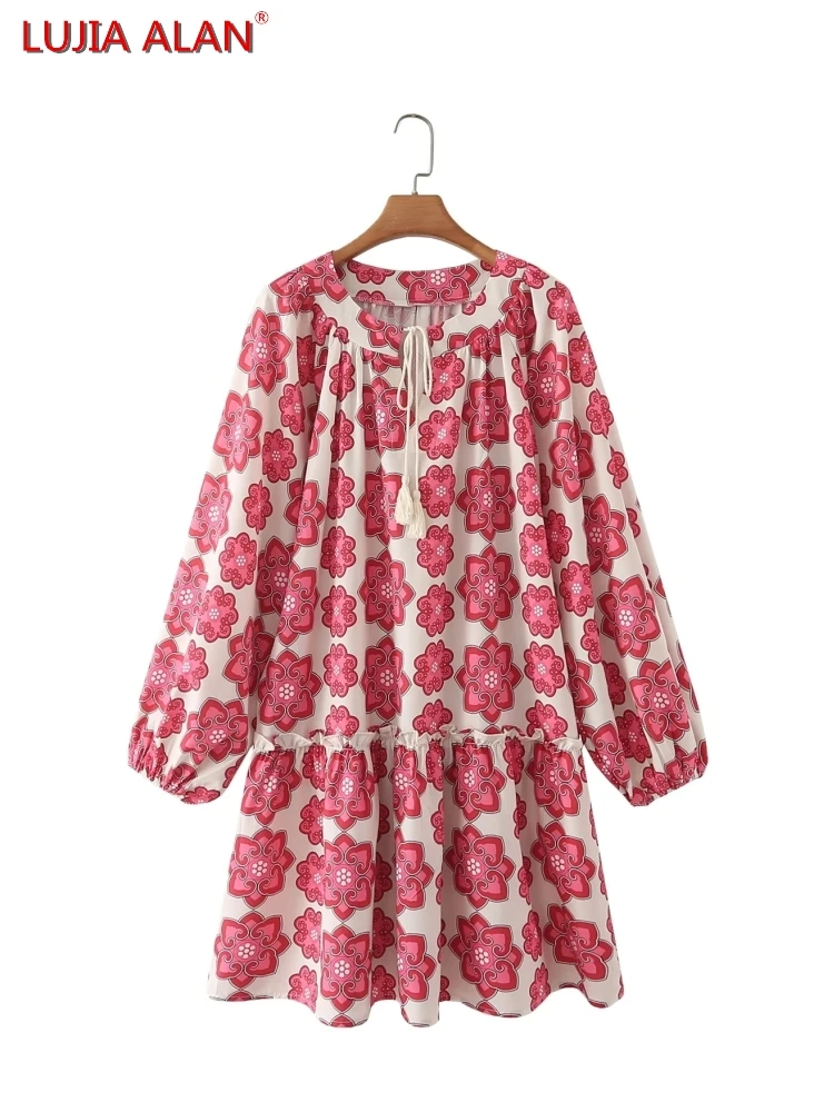 

Женское свободное платье с цифровой печатью, круглым вырезом и кисточками, Осеннее женское платье с длинным рукавом, Повседневная Уличная о...