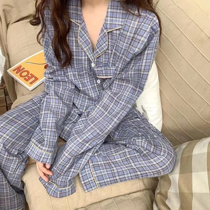 2022 New Sleepwear Women Spring Pajamas Set Plaid Long Sleeve Trousers Turn-Down Collar Pijama Female Loungewear Homewear