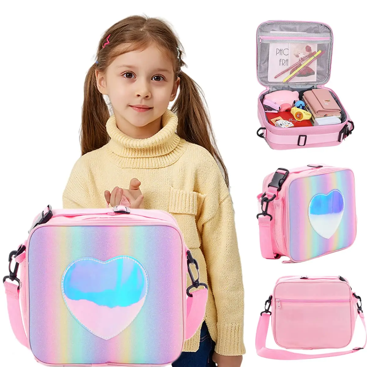 

Lunch Bag Rainbow Loving Heart Laser Portable Large Bento Pouch for Children Girl Thermal Insulated Cooler Shoulder Picnic Box