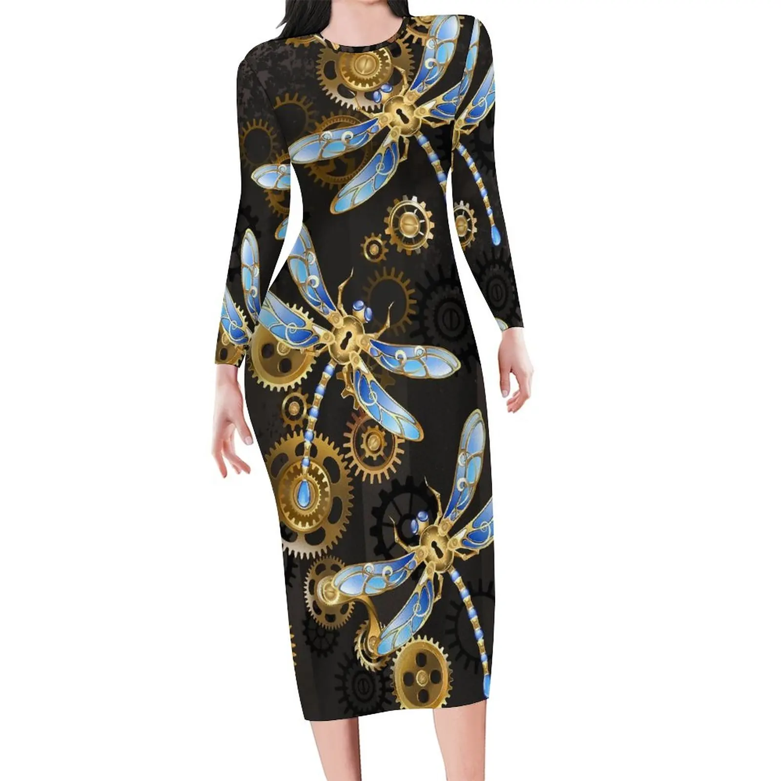 

Платье в стиле стимпанк с изображением стрекозы, с длинным рукавом, с абстрактным Изображением Животных, уличное модное платье, сексуальное облегающее платье, с графическим принтом, платье большого размера