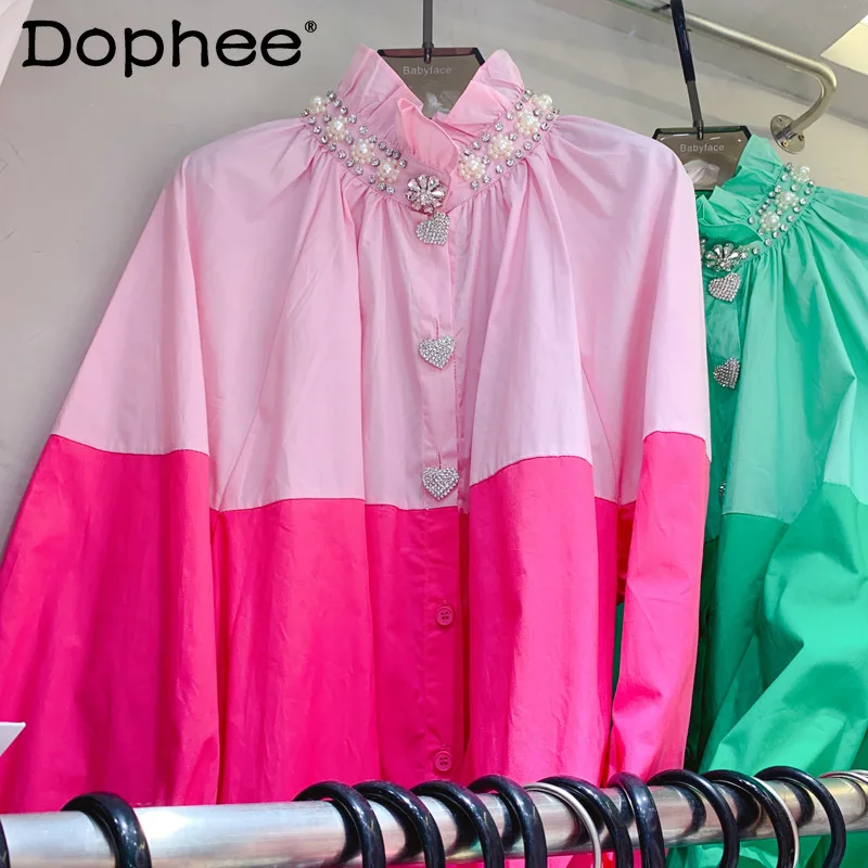 

2022 Spring Color Stitching Heavy Love Rhinestone Beaded Pink Cardigan Shirt Blouse Women Loose Oversized Long Sleeve Blusas Top