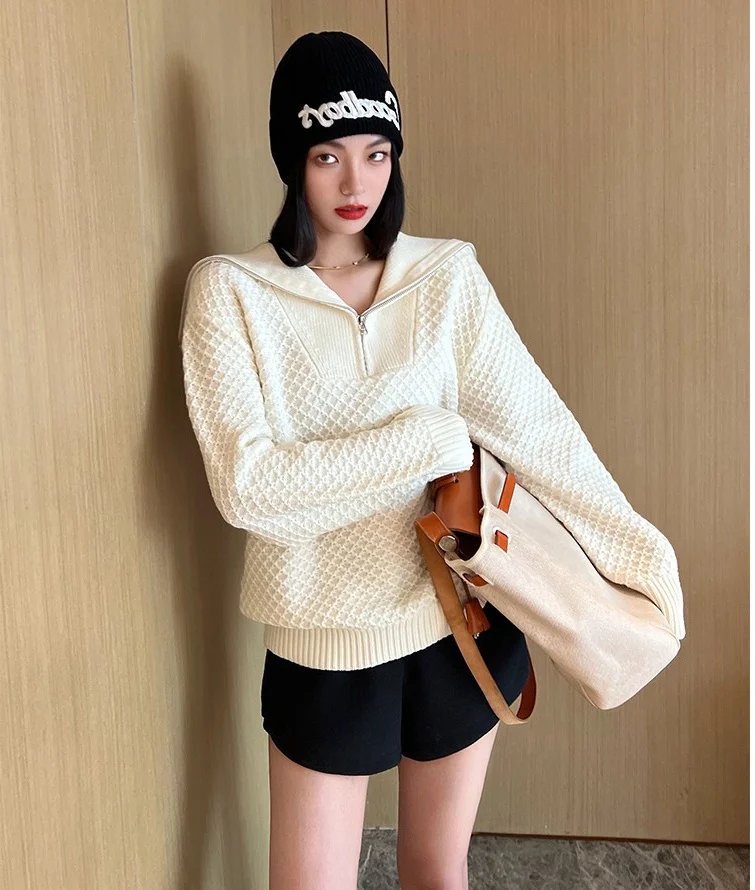 

Xiaojing Family's Same French Style Small Wallet Zipper Polo Collar Two Wear Knit Sweater Women's Premium Winter Feel