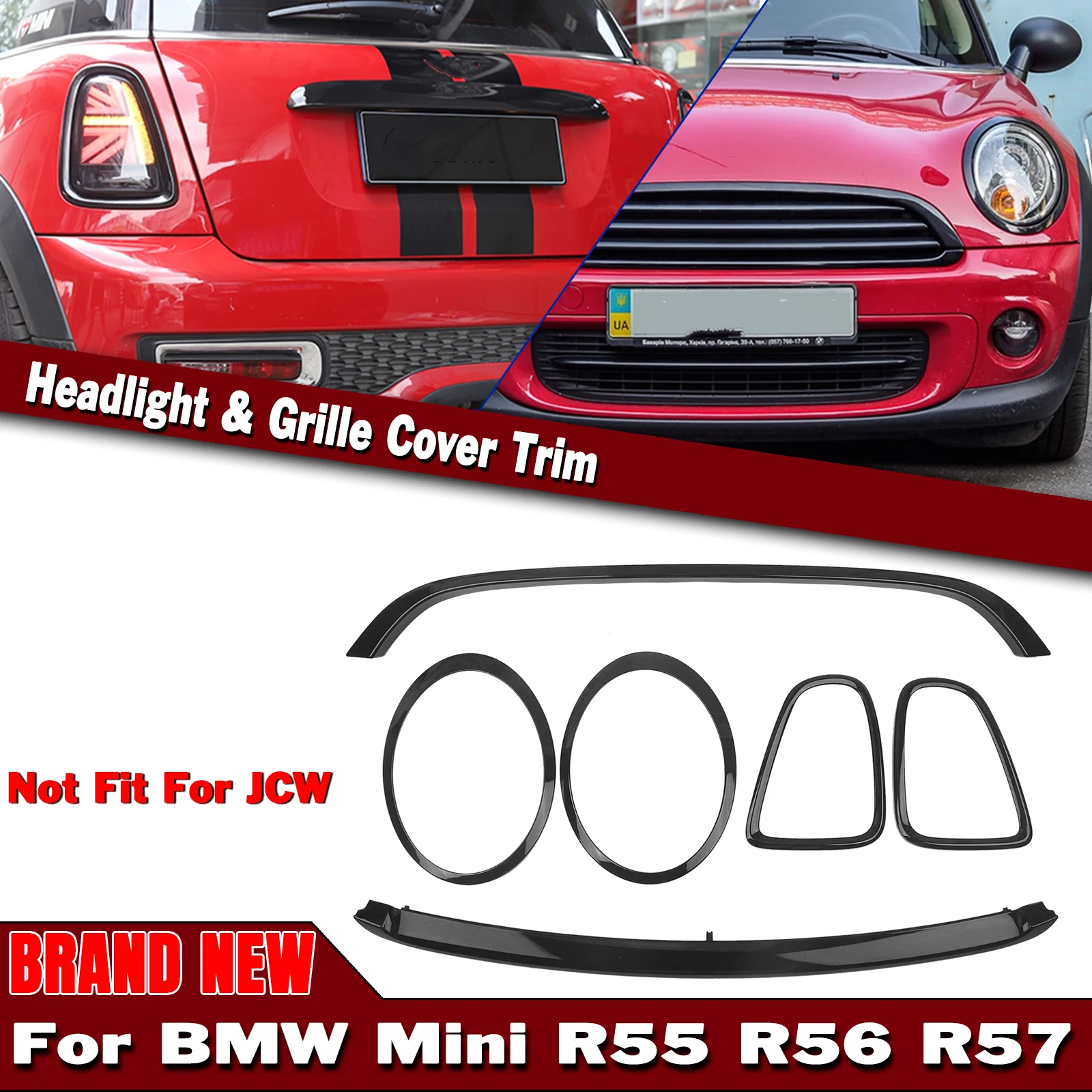 

Front Head Lamp+Rear Light Cover Frame+Grille Grill Rim Strip Trim Clip On For MINI COOPER R55/R56/R57 Glossy Black Base Model