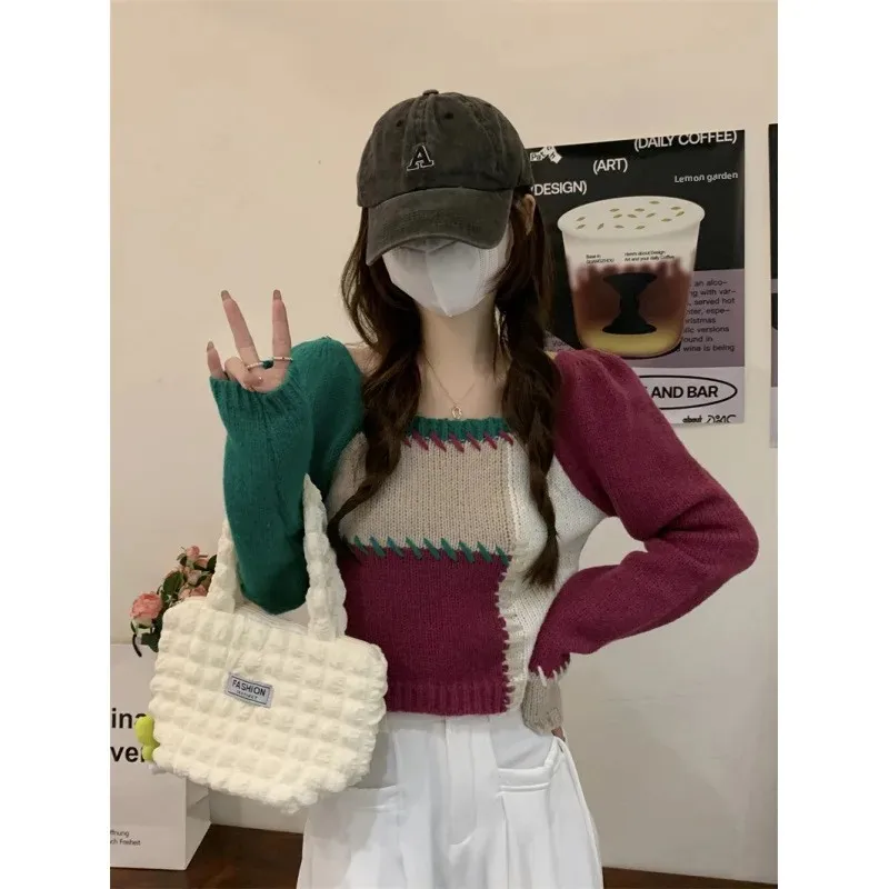 Женский осенне-зимний 2024 новый винтажный облегающий вязаный свитер с квадратным