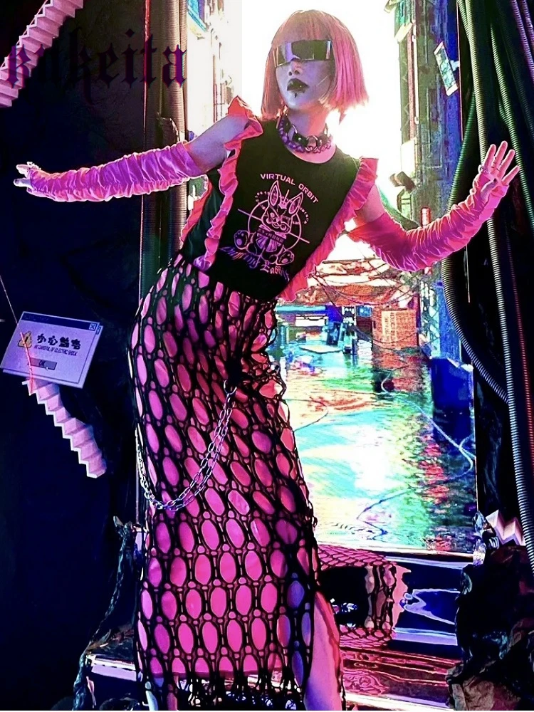 Gothic Grunge Metal Chain Hollow Out Mesh Patchwork Long Skirts Harajuku Women Punk Skirts Streetwear