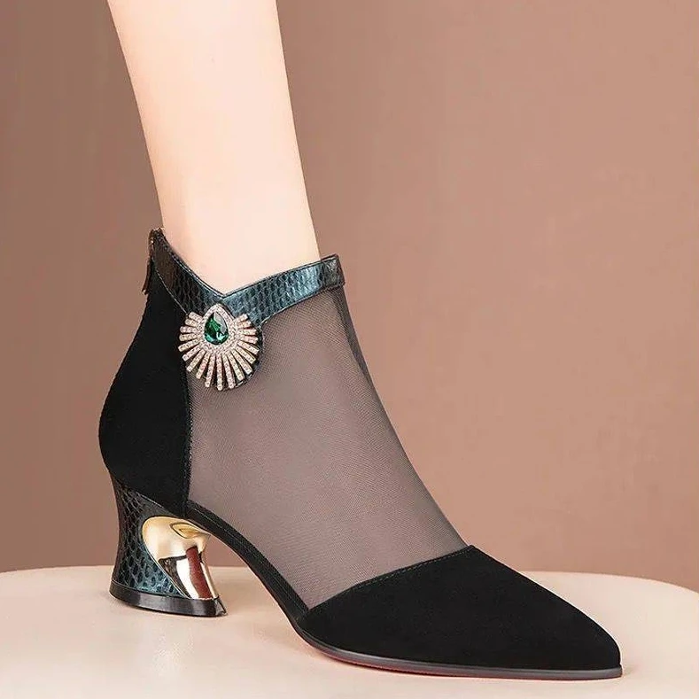 

Pointed Toe Thick Heel Back Zipper Cool Boots Women's 2022 Summer New British Style Transparent Mesh High-heeled Boots Pumps