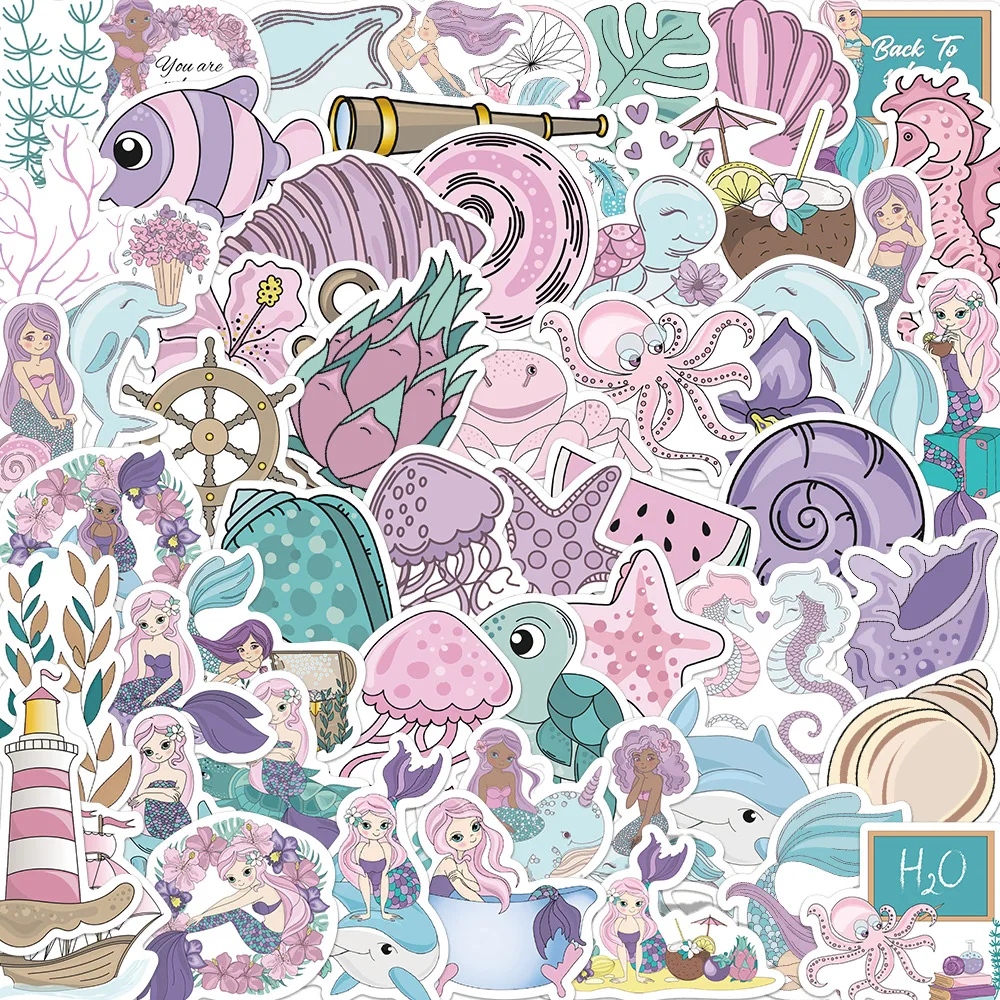 

10/56PCS Cute pink purple mermaid underwater animal Sticker Bike Travel Luggage Laptop Cartoon Sticker Decals for Kid Gift