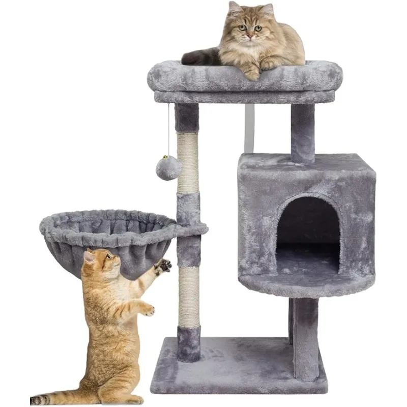 

Small Cat Tree for Indoor Cats, Activity Cat Tower, Condo with Scratching Post for Kittens, Climbing Stand with Basket Cat Condo