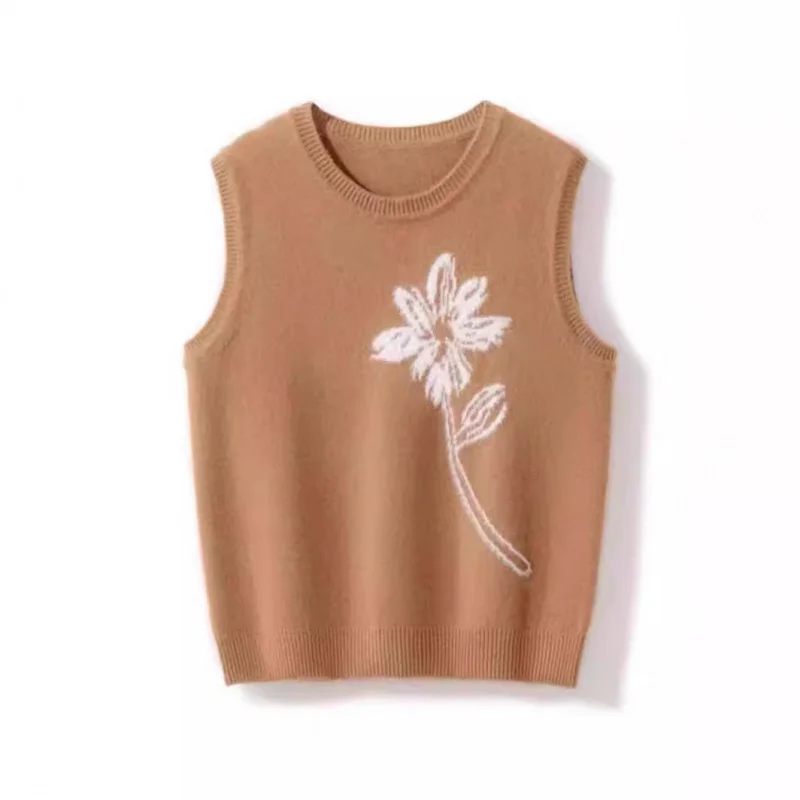 Весенне-осенний новый женский шерстяной вязаный жилет с вышитым цветком круглым