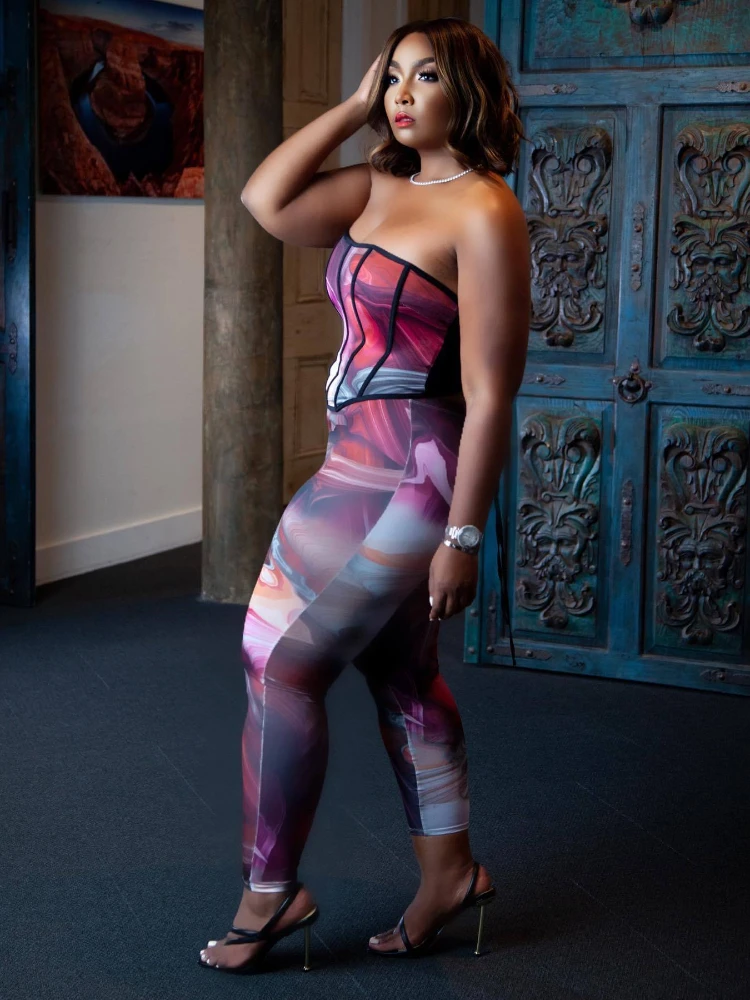 

Perl Stripe Printed Tie Dye Jumpsuit for Women Plus Size Summer Outfit Tube Top Rompers Sexy Open Back Overall Street Wear 4XL