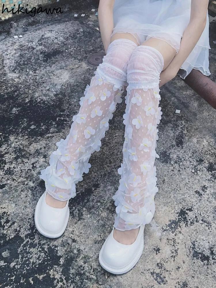 Модные кружевные гетры Y2k женские эстетичные прозрачные сетчатые цветочные