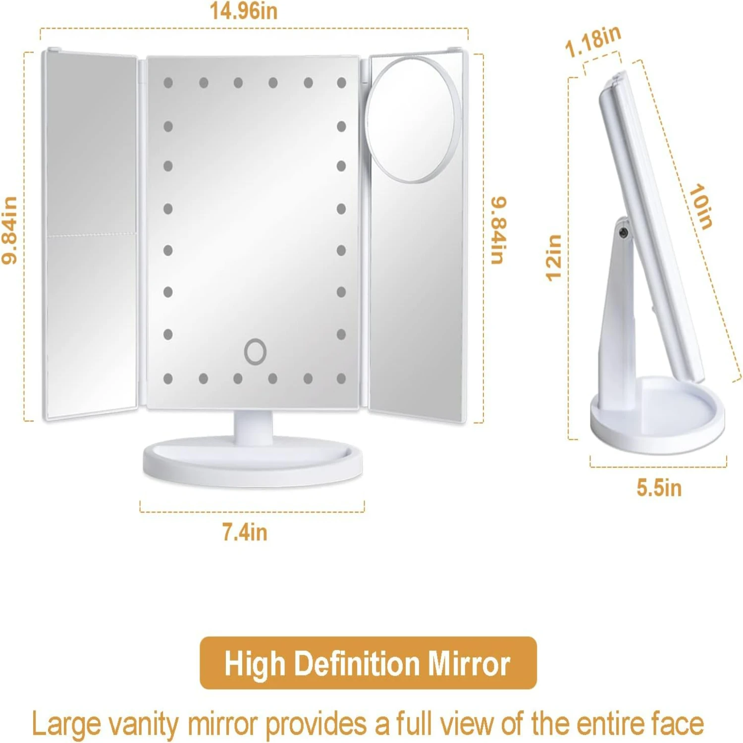 Портативное дорожное тройное косметическое зеркало со светодиодной подсветкой